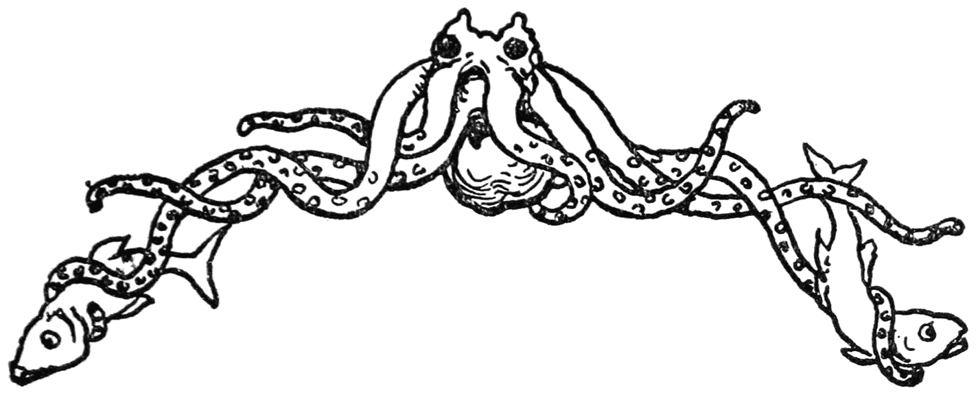 Octopus holding two fishes.