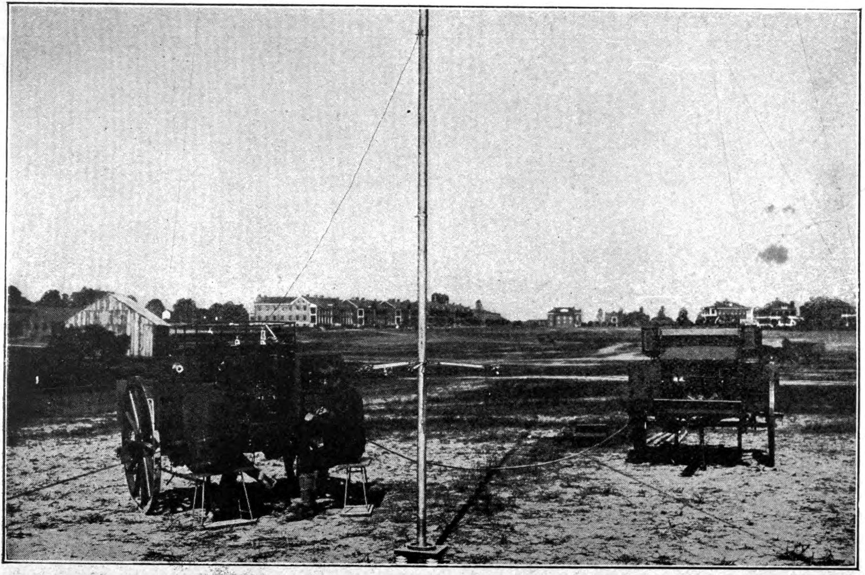 FIG. 103.—Telefunken wireless wagon set in operation at Fort Leavenworth, Kansas. The aerial is of the umbrella type supported by a steel pole resting on a porcelain base.
