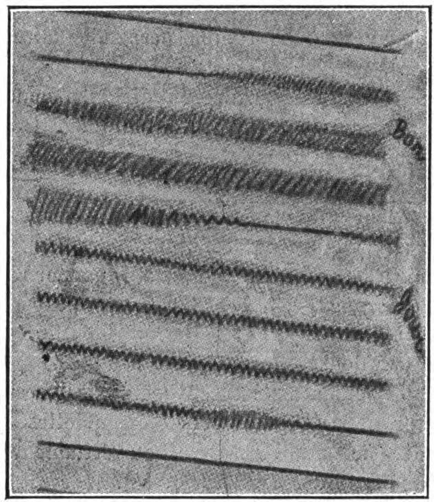FIG. 122.—Bon jour ("good day" in French) as represented by a wave picture. The picture was made by a mirror arranged to move under the influence of the voice and to cast a beam of light upon a strip of sensitized paper.