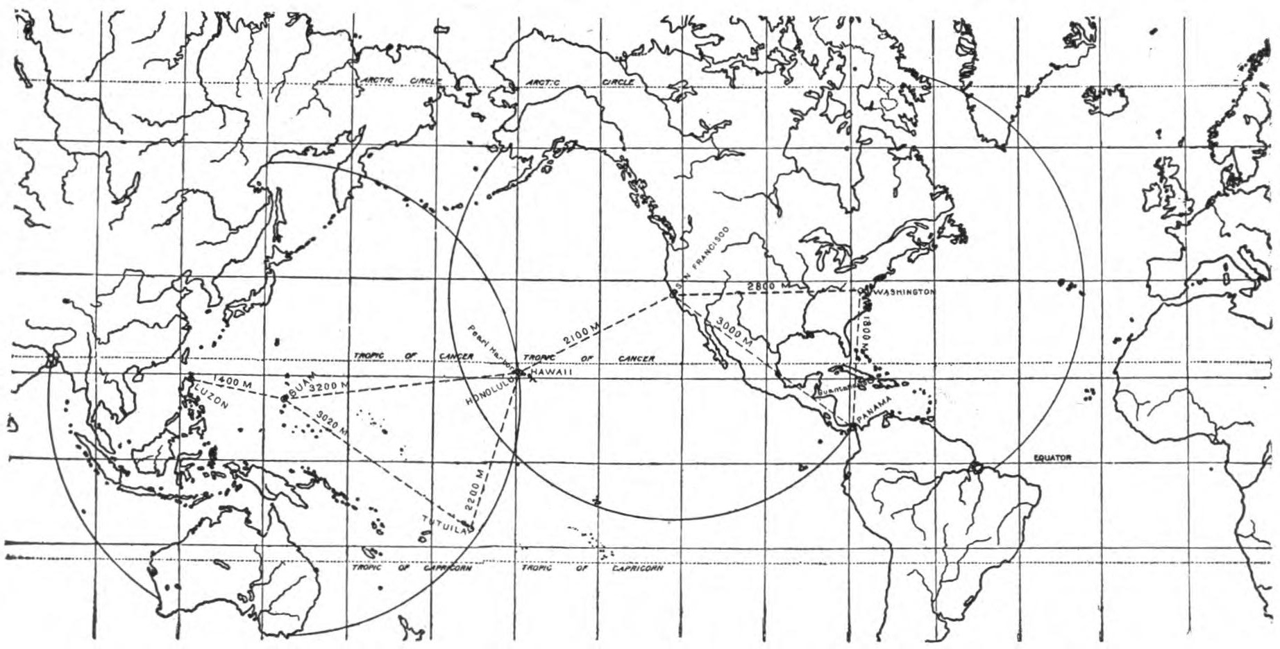 FIG. 152.—--The curved lines represent the radius of the government high power wireless stations and show the zones over which direct communication may be had with ships.