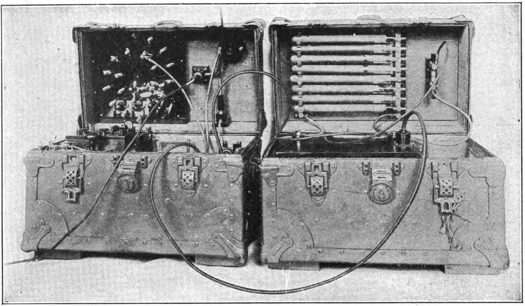 FIG. 62.—Portable pack set. The receiving outfit is contained in the left hand case; also the key and interrupter. The tubular condenser, spark gap, and induction coil may be seen in the right hand case.