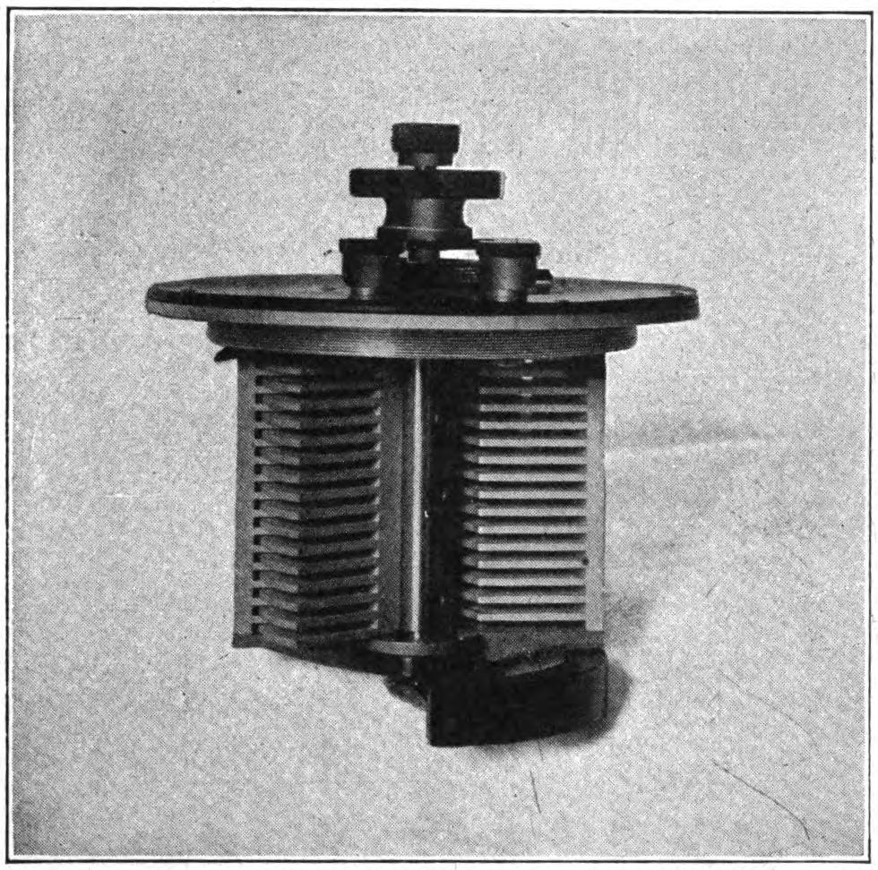 FIG. 83.—Dr. Seibt's rotary variable condenser. The plates are turned from a solid casting and the separation between is only .01 inch.
