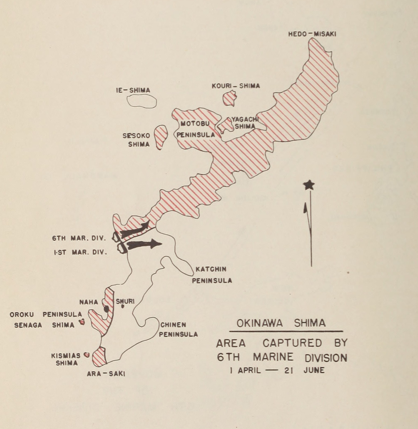 Map 2. Okinawa Shima. Area Captured by 6th Marine Division.