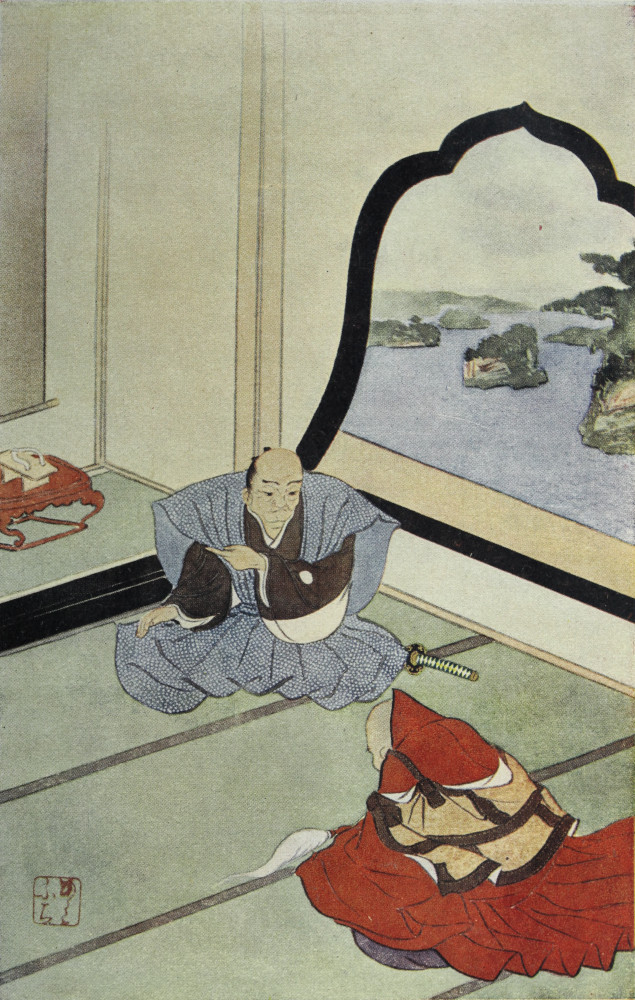 Masamuné and Ungo-Zenji seated on mat face each other.