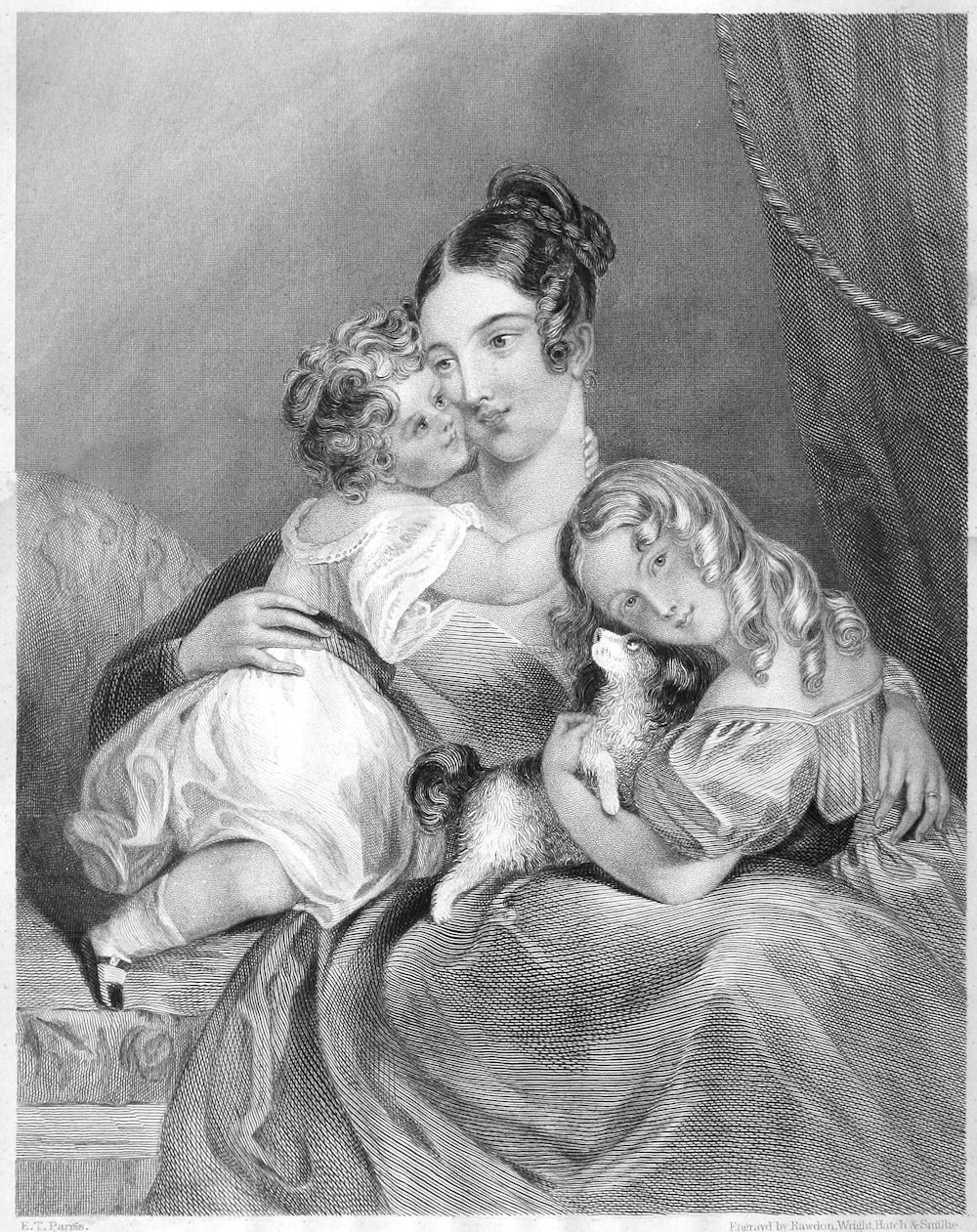 a young woman holds two young girls and a dog in her lap