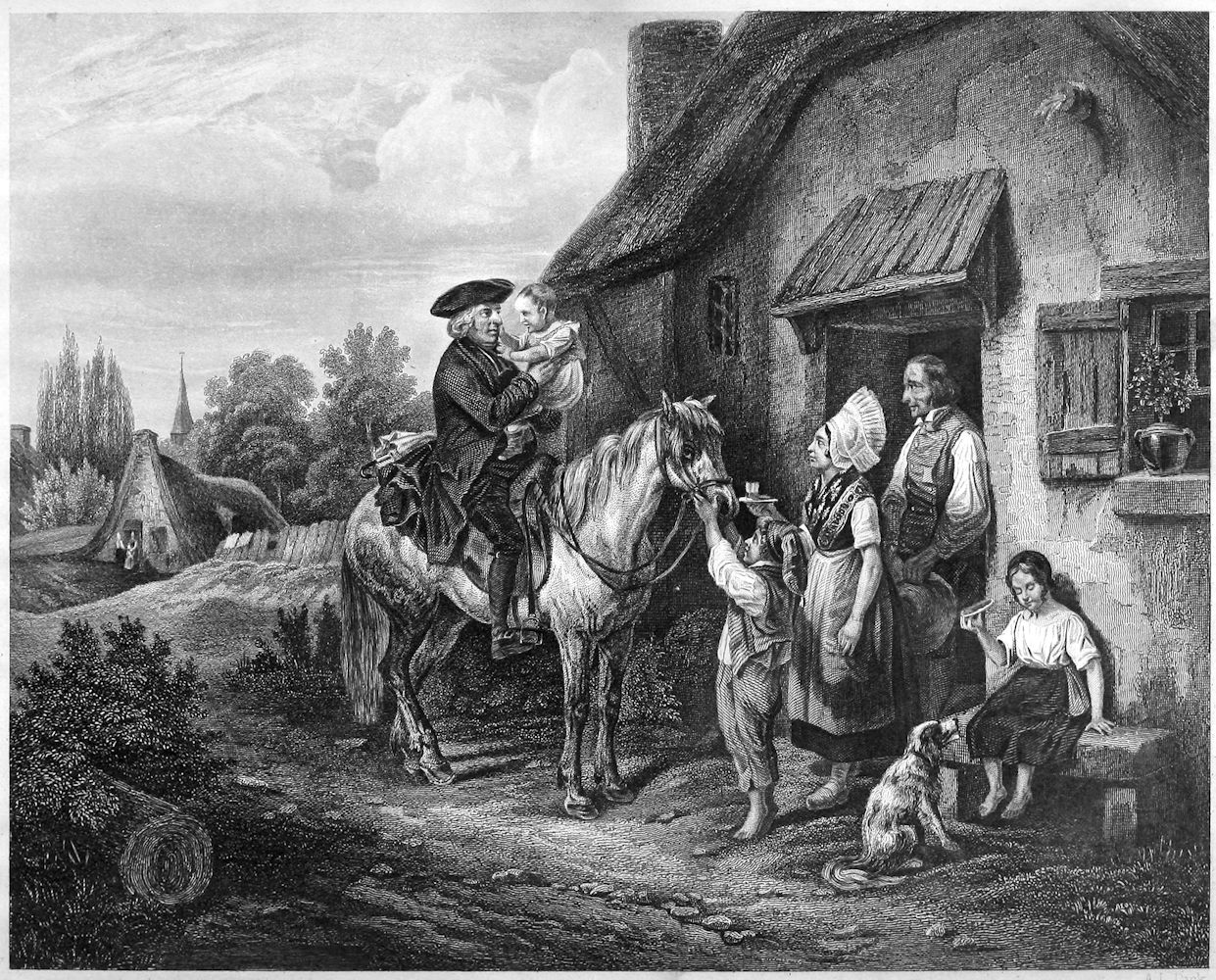 a man on horseback stopped at a cottage doorway