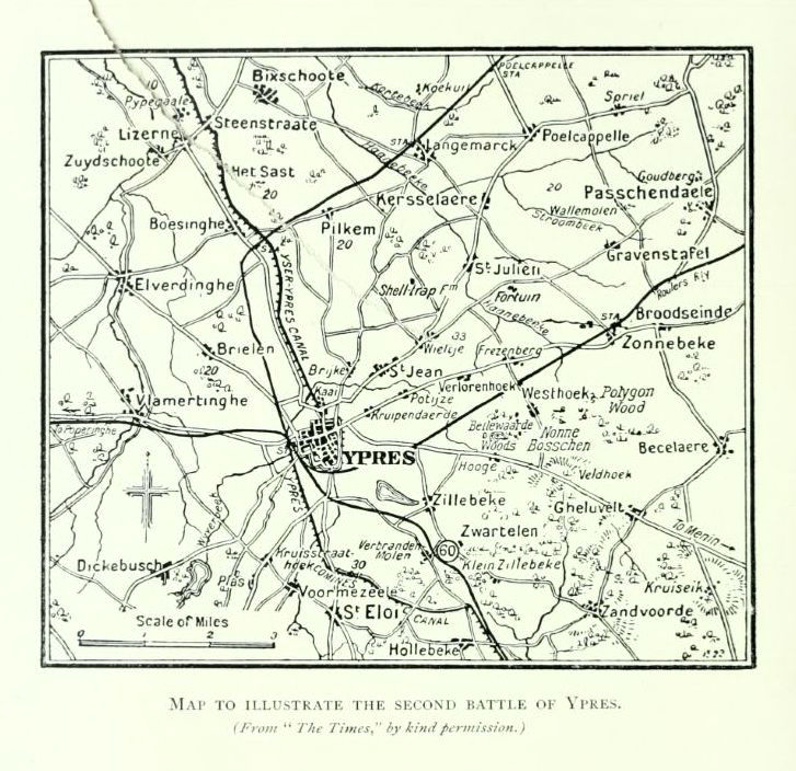 Map to illustrate the second battle of Ypres.