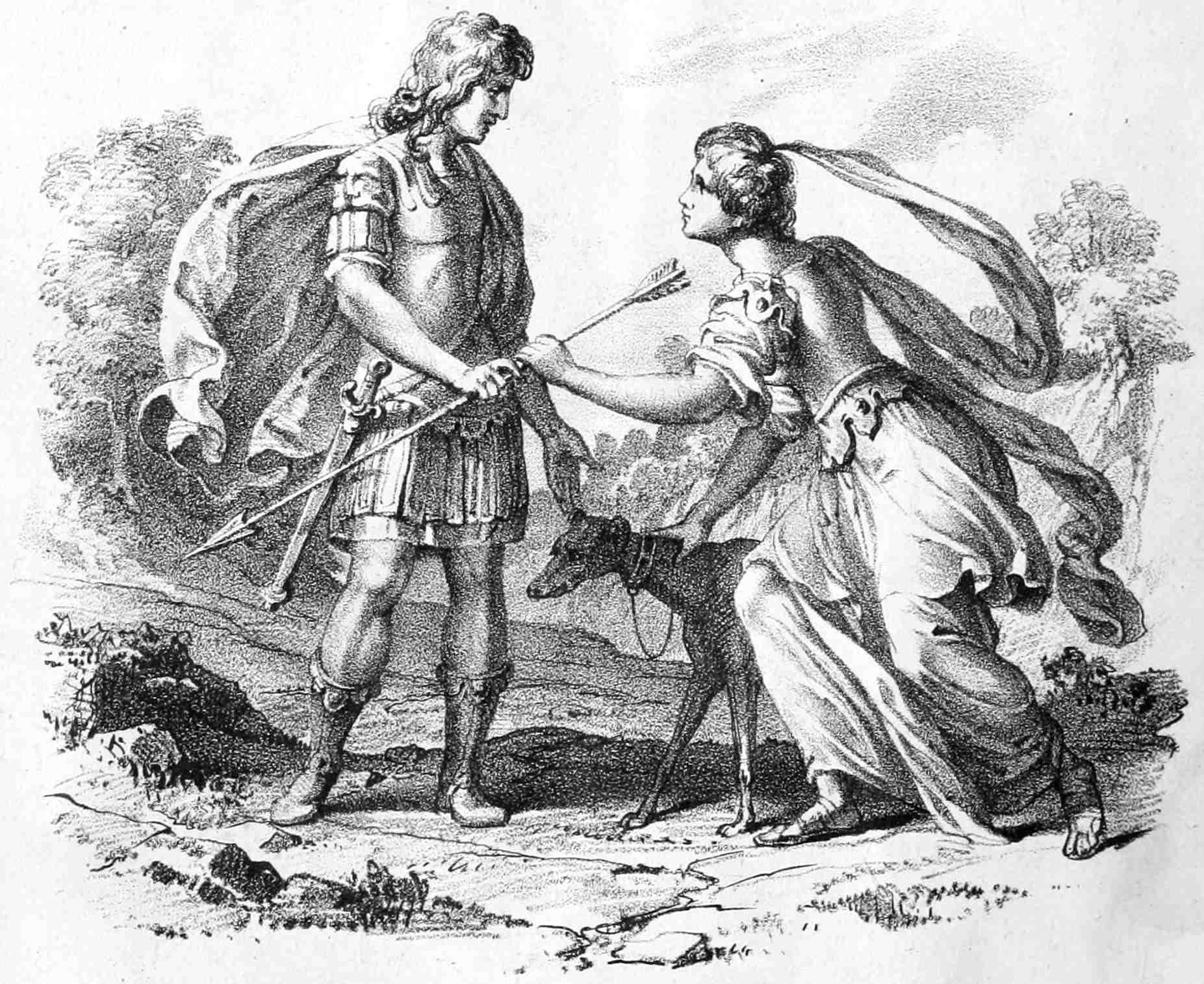 Procris presenting Lælaps and the fatal dart to Cephalus, with a greyhound.